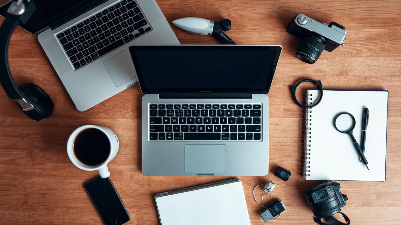 Professional workspace overhead view